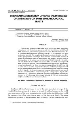 THE CHARACTERIZATION of SOME WILD SPECIES of Helianthus for SOME MORPHOLOGICAL TRAITS