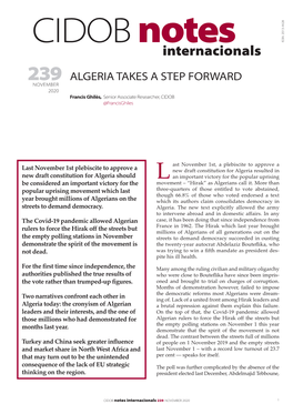 Internacionals 239 ALGERIA TAKES a STEP FORWARD NOVEMBER 2020 Francis Ghilès, Senior Associate Researcher, CIDOB @Francisghiles