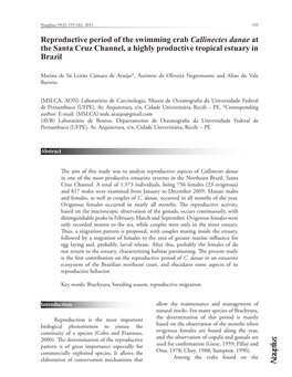 Reproductive Period of the Swimming Crab Callinectes Danae at the Santa Cruz Channel, a Highly Productive Tropical Estuary in Brazil