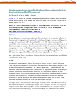 Changing Conceptualizations of Mental Health and Mental Illness: Implications for “Brain Disease” and “Behavioral Health” for Social Work