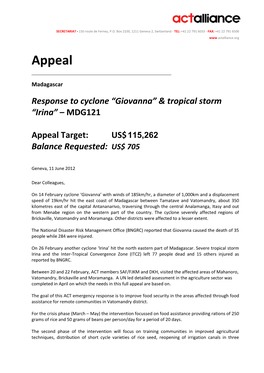 Response to Cyclone “Giovanna” & Tropical Storm