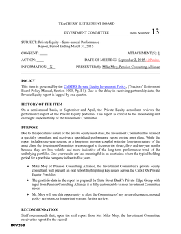 Private Equity – Semi-Annual Performance Report, Period Ending March 31, 2015