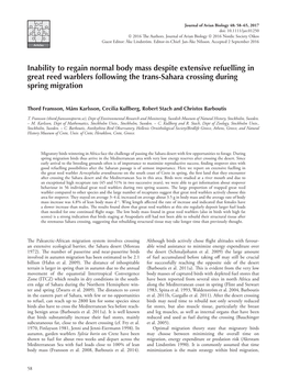 Inability to Regain Normal Body Mass Despite Extensive Refuelling in Great Reed Warblers Following the Trans-Sahara Crossing During Spring Migration