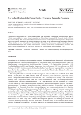 A New Classification of the Chirostyloidea (Crustacea: Decapoda: Anomura)