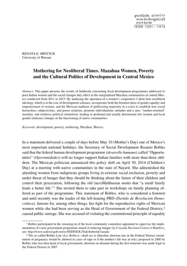 Mothering for Neoliberal Times. Mazahua Women, Poverty and the Cultural Politics of Development in Central Mexico