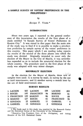 A Sample Survey of Voters' Preference in the Philippines 1