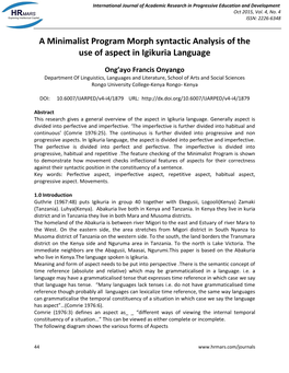 A Minimalist Program Morph Syntactic Analysis of the Use of Aspect in Igikuria Language