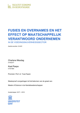 Fusies En Overnames En Het Effect Op Maatschappelijk Verantwoord Ondernemen in De Voedingsnijverheidssector