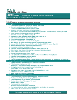 Artsnews SERVING the ARTS in the FREDERICTON REGION September 8, 2016 Volume 17, Issue 35