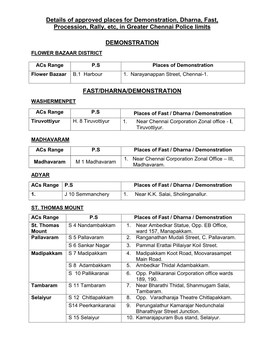 Details of Approved Places for Demonstration, Dharna, Fast, Procession, Rally, Etc, in Greater Chennai Police Limits