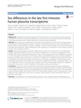 Sex Differences in the Late First Trimester Human Placenta Transcriptome Tania L