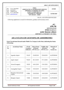 Ad 1.5 Status of Licensing of Aerodromes