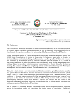 Statement by the Delegation of the Republic of Azerbaijan 1288 Meeting of the Permanent Council, 05 November 2020 Aggression Of