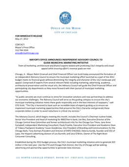 For Immediate Release Mayor's Office Announces