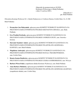 Załączniki Do Postanowienia Nr 50/2020 Komisarza Wyborczego W Białej Podlaskiej Z Dnia 15 Czerwca 2020 R