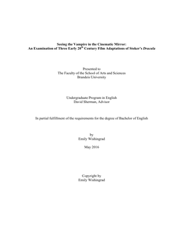 Seeing the Vampire in the Cinematic Mirror: an Examination of Three Early 20Th Century Film Adaptations of Stoker’S Dracula