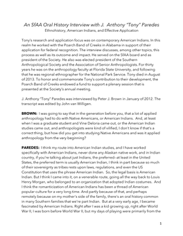 An Sfaa Oral History Interview with J. Anthony “Tony” Paredes Ethnohistory, American Indians, and Effective Application