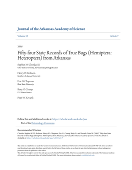 Fifty-Four State Records of True Bugs (Hemiptera: Heteroptera) from Arkansas Stephen W
