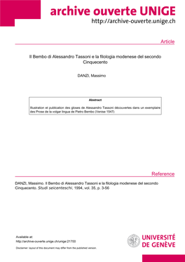 Il Bembo Di Alessandro Tassoni E La Filologia Modenese Del Secondo Cinquecento