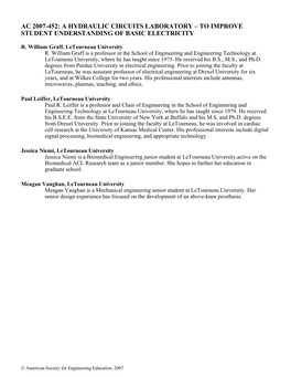 Ac 2007-452: a Hydraulic Circuits Laboratory – to Improve Student Understanding of Basic Electricity