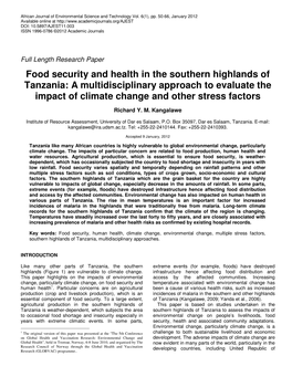 Food Security and Health in the Southern Highlands of Tanzania: a Multidisciplinary Approach to Evaluate the Impact of Climate Change and Other Stress Factors