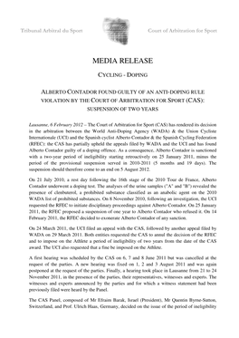 Alberto Contador Found Guilty of an Anti-Doping Rule Violation by The