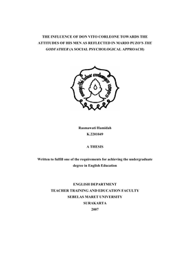 The Influence of Don Vito Corleone Towards the Attitudes of His Men As Reflected in Mario Puzo’S the Godfather (A Social Psychological Approach)