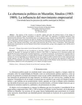 La Alternancia Política En Mazatlán, Sinaloa (1983-1989)