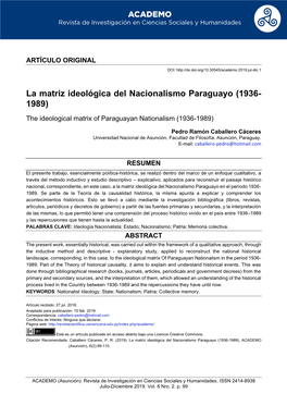 La Matriz Ideológica Del Nacionalismo Paraguayo (1936- 1989)