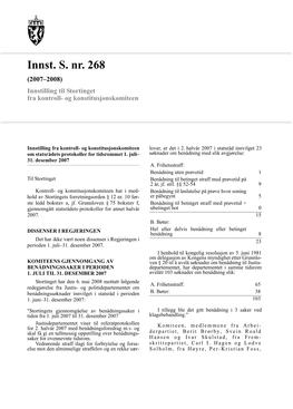 Innst. S. Nr. 268 (2007–2008) Innstilling Til Stortinget Fra Kontroll- Og Konstitusjonskomiteen