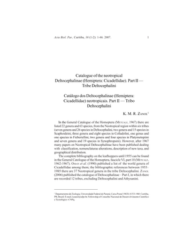 Catalogue of the Neotropical Deltocephalinae (Hemiptera: Cicadellidae). Part II — Tribe Deltocephalini Catálogo Dos Deltoceph
