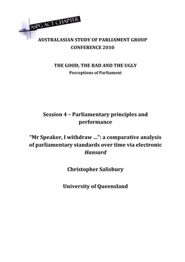 Mr Speaker, I Withdraw …”: a Comparative Analysis of Parliamentary Standards Over Time Via Electronic Hansard