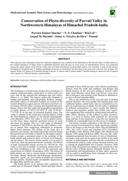 Conservation of Phyto-Diversity of Parvati Valley in Northwestern Himalayas of Himachal Pradesh-India