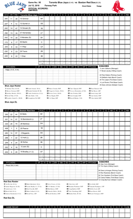 Toronto Blue Jays(42-49) Vs Boston Red Sox(65-29)