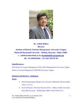 Dr. Ashish Dahiya Director Institute of Hotel & Tourism Management