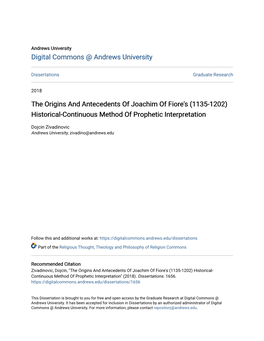 The Origins and Antecedents of Joachim of Fiore's (1135-1202) Historical-Continuous Method of Prophetic Interpretation
