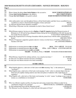 2020 MASSACHUSETTS STATE CERTAMEN - NOVICE DIVISION - ROUND I Page 1