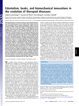 Edentulism, Beaks, and Biomechanical Innovations in the Evolution of Theropod Dinosaurs