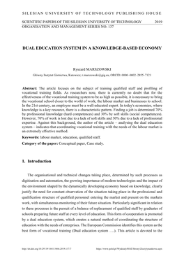 DUAL EDUCATION SYSTEM in a KNOWLEDGE-BASED ECONOMY 1. Introduction