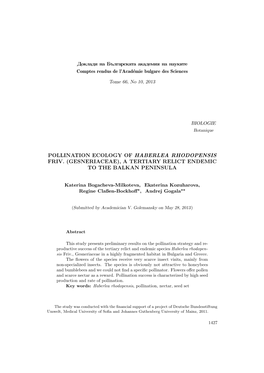 Pollination Ecology of Haberlea Rhodopensis Friv