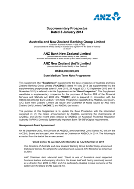 Supplementary Prospectus Dated 3 January 2014 Australia and New Zealand Banking Group Limited ANZ Bank New Zealand Limited ANZ N