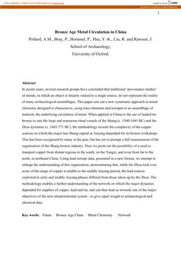 Bronze Age Metal Circulation in China Pollard, AM, Bray, P