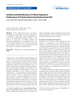 Isolation and Identification of a Novel Impurity of Erythromycin a 9-Oxime