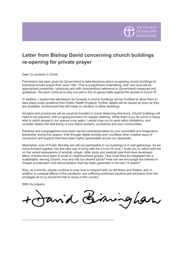 Letter from Bishop David Concerning Church Buildings Re-Opening for Private Prayer