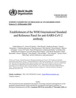 Establishment of the WHO International Standard and Reference Panel for Anti-SARS-Cov-2 Antibody