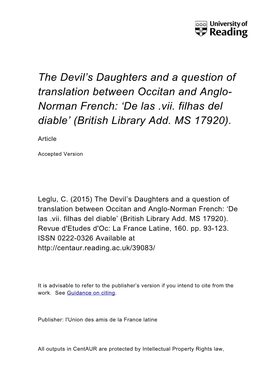 Norman French: 'De Las .Vii. Filhas Del Diabl