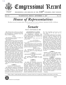 Congressional Record United States Th of America PROCEEDINGS and DEBATES of the 110 CONGRESS, FIRST SESSION