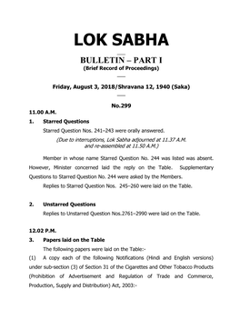 LOK SABHA ___ BULLETIN – PART I (Brief Record of Proceedings) ___