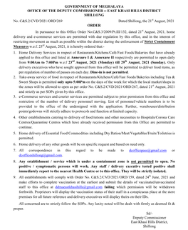 GOVERNMENT of MEGHALAYA OFFICE of the DEPUTY COMMISSIONER :: EAST KHASI HILLS DISTRICT SHILLONG No. C&S.2/CVD/2021/ORD/269