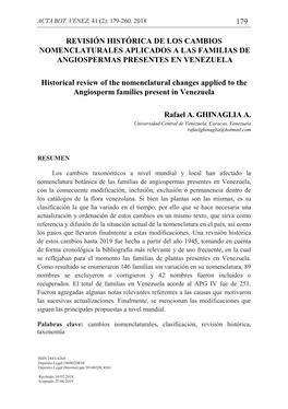 Revisión Histórica De Los Cambios Nomenclaturales Aplicados a Las Familias De Angiospermas Presentes En Venezuela